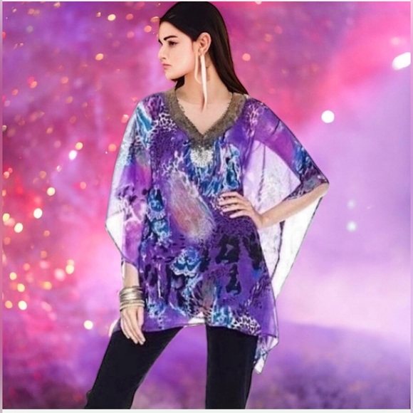 Joan Boyce Purple Printed Chiffon Tunic V-Neck w/Silver Beaded Trim Missy NWT$99 - Picture 7 of 13